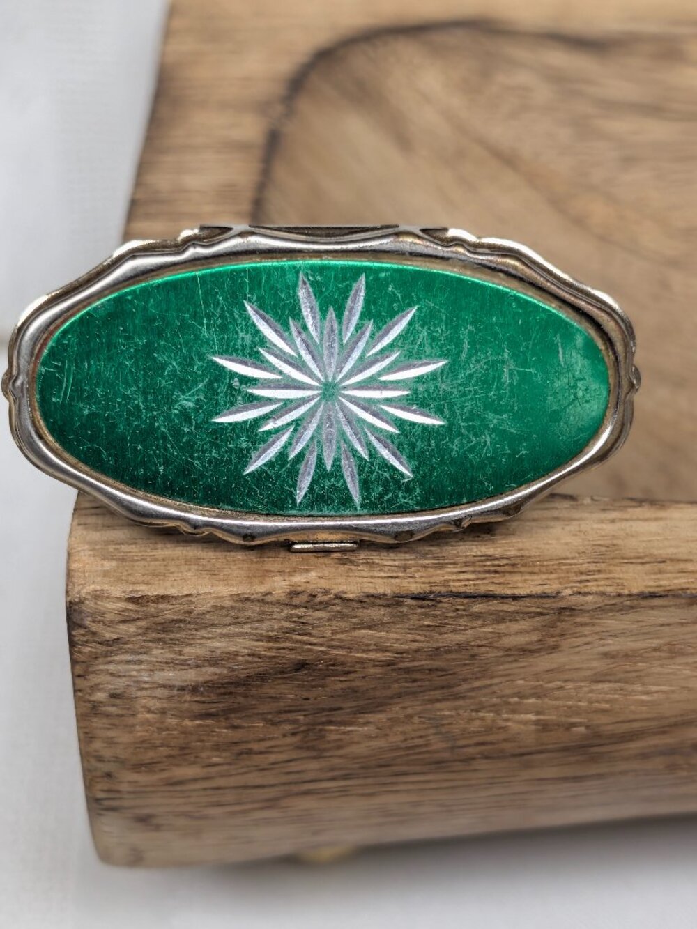Vintage MCM Retro Silver & Green Lipstick Holder Mirror Atomic Starburst 2”
